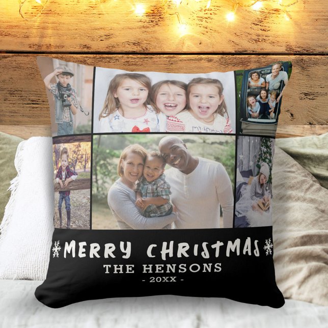 6 Photo Collage Christmas Family Black Cushion (Creator Uploaded)
