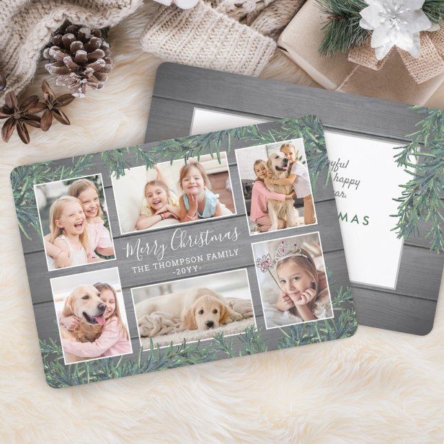 6 Photo Collage Christmas Greenery & Grey Wood Holiday Card (Creator Uploaded)