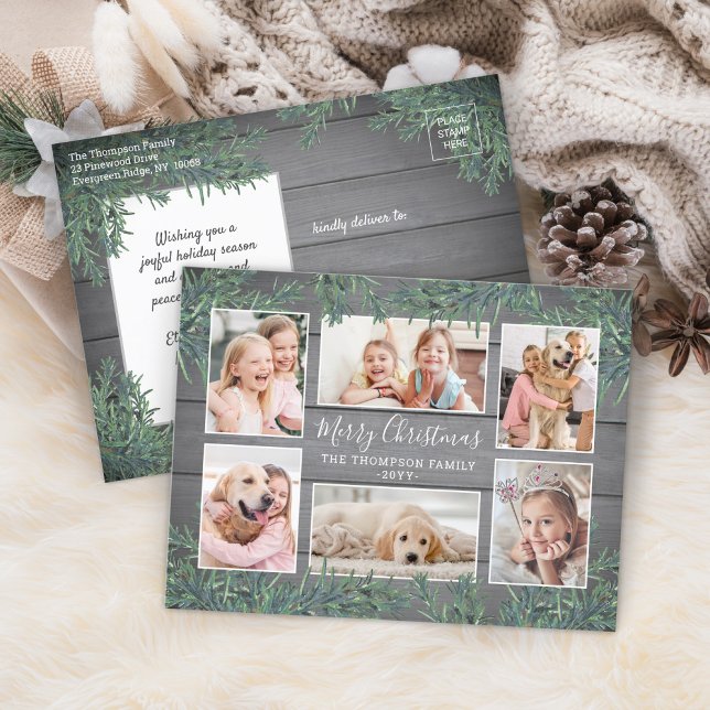 6 Photo Collage Christmas Greenery & Grey Wood Holiday Postcard (Creator Uploaded)