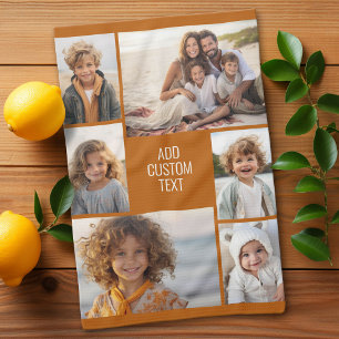 6 photo collage - color background - white text tea towel
