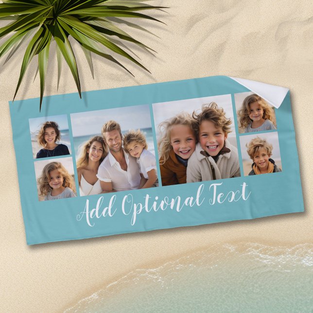 6 Photo Collage Custom Script Text Light Blue Beach Towel (Personalized Beach Towel - Add Photos and Text)