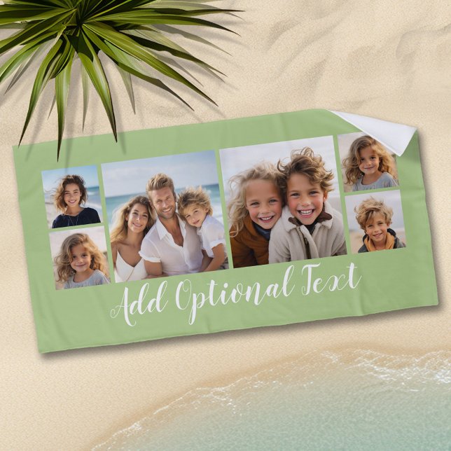 6 Photo Collage Custom Script Text Light Green Beach Towel (Personalized Beach Towel - Add Photos and Text)