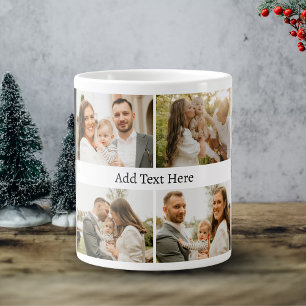 6 Photo Collage - Custom Text black white Large Coffee Mug