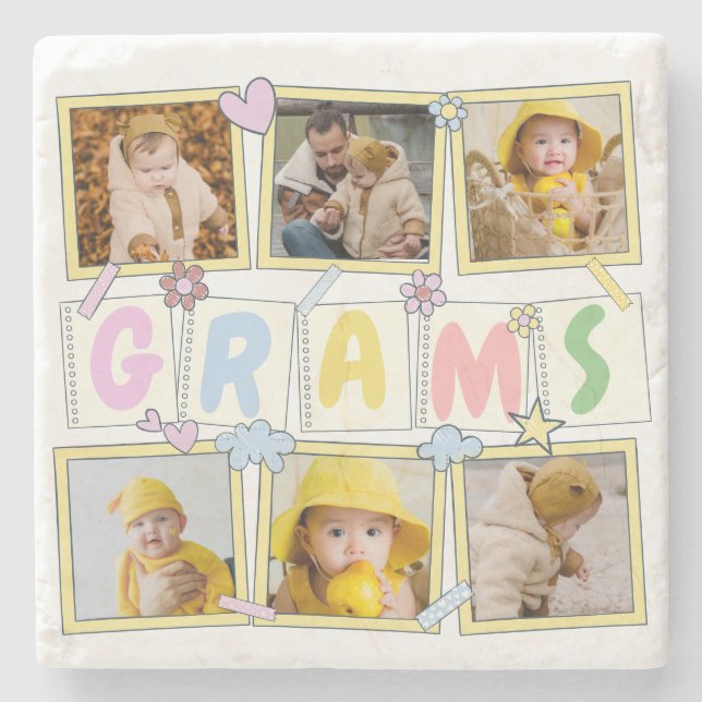 6 Photo Collage Cute Baby Pink Blue Granny Stone Coaster (Front)