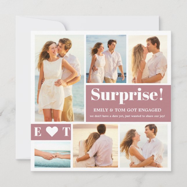 6 Photo Collage Dusty Pink Engagement Announcement (Front)
