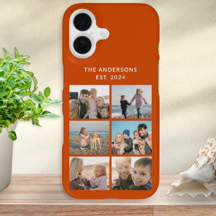 6 Photo Collage Family Name Custom Burnt Orange iPhone 16 Case