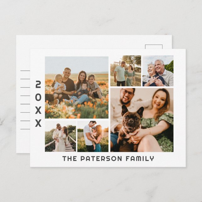 6 Photo Collage Family Name Modern Minimalist Holiday Postcard (Front/Back)