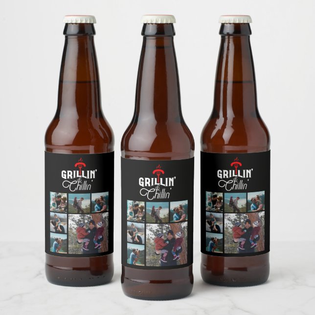 6 Photo Collage Father's Day Grillin' & Chillin'   Beer Bottle Label (Bottles)