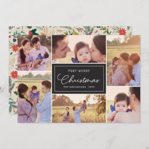 6 Photo Collage Floral Pattern Christmas Black Holiday Card