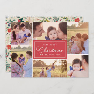 6 Photo Collage Floral Pattern Christmas Red Holiday Card