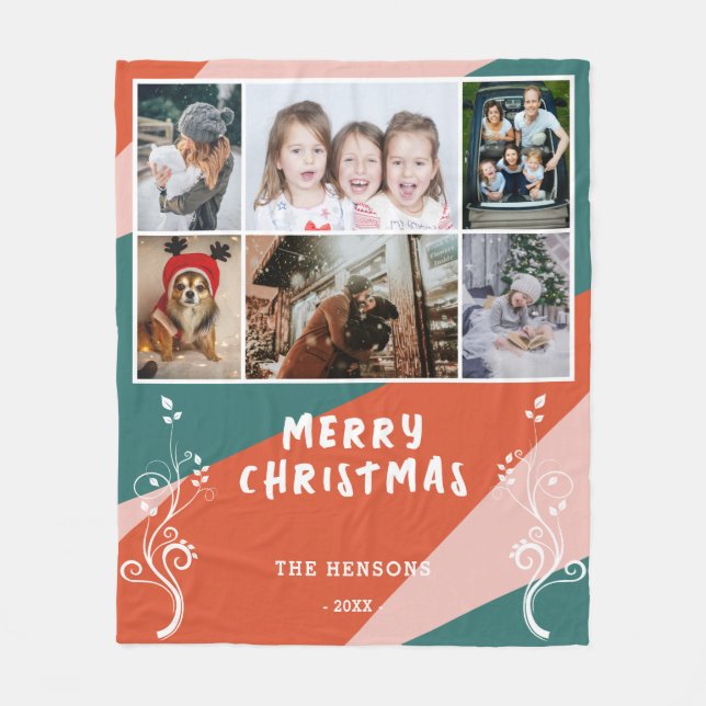 6 Photo Collage Foliage Colourful Christmas Family Fleece Blanket (Front)