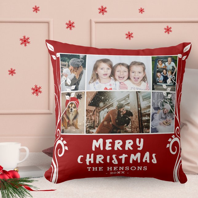 6 Photo Collage Foliage Merry Christmas Family  Cushion (Creator Uploaded)