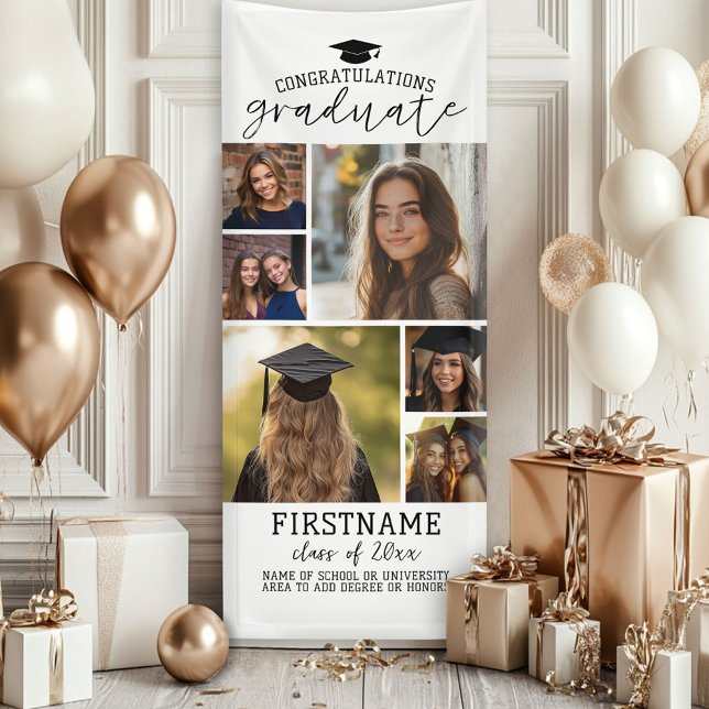 6 Photo Collage Graduation Modern Minimal White Banner (Custom Graduation Photo Banner - Great backdrop and Graduation Party Decoration)