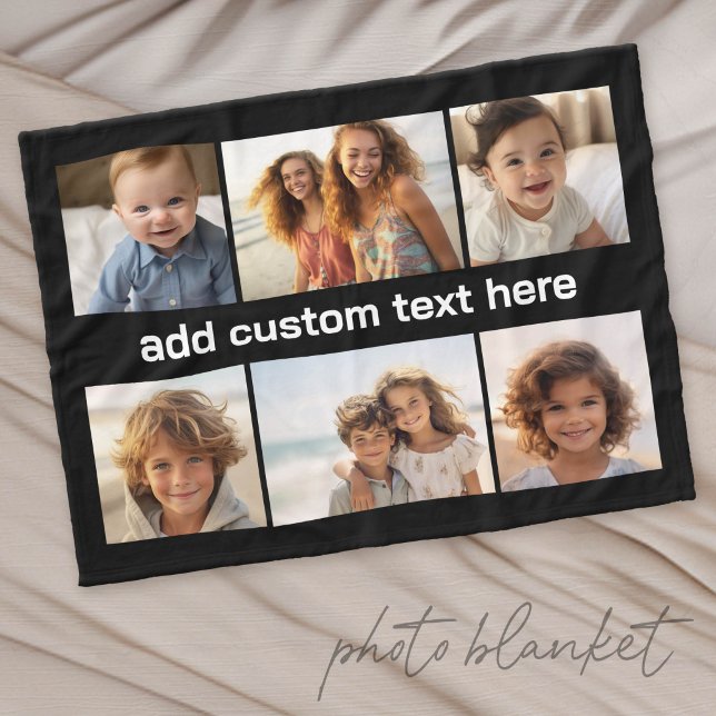 6 Photo Collage Grid - White Custom Text - Black Fleece Blanket (Custom Fleece Photo Blanket)
