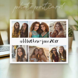 6 Photo Collage Grid - White Custom Text - Black Postcard