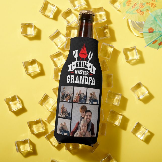 6 Photo Collage Grill Master Grandpa BBQ  Bottle Cooler (In Situ Summer)