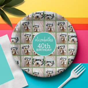 6 Photo Collage - Happy Birthday Blue Green Paper Plate