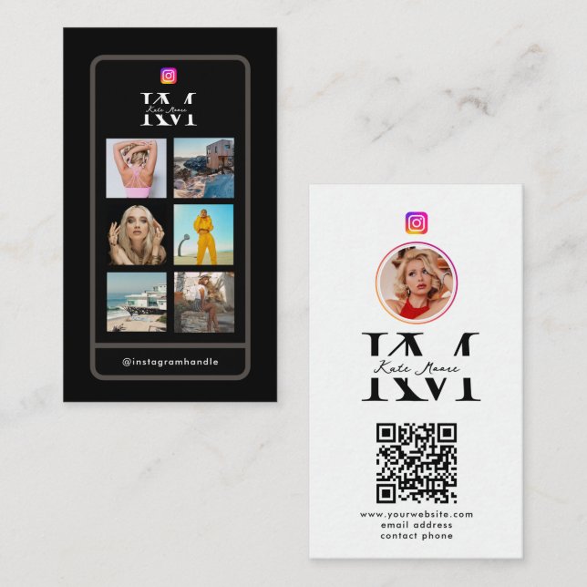 6 Photo Collage Influencer Feed Black Monogram Business Card (Front/Back)