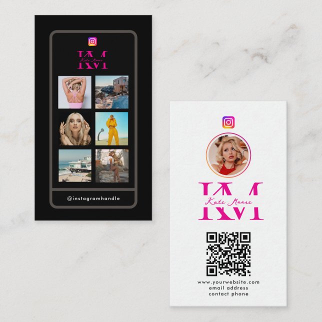 6 Photo Collage Influencer Feed Pink Monogram Business Card (Front/Back)