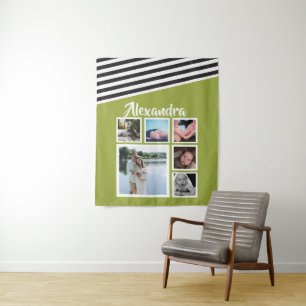 6 Photo Collage Lime Striped Pattern Personalised Tapestry