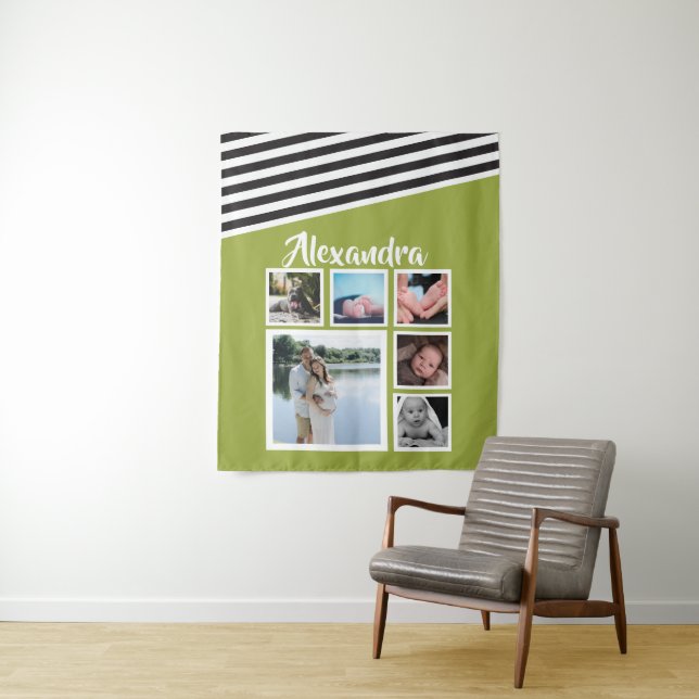 6 Photo Collage Lime Striped Pattern Personalised Tapestry (In Situ)