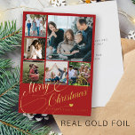6 photo collage Merry Christmas gold script family<br><div class="desc">Elegant luxury exclusive Merry Christmas real gold foil classic calligraphy script six family photos red holiday card with your custom personalised text on both sides. PLEASE NOTE that the background colour is editable. You can change it after selecting CUSTOMIZE option down below the PERSONALIZE IT menu. If you don't feel...</div>