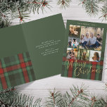 6 photo collage Merry Christmas gold script plaid Holiday Card<br><div class="desc">Modern elegant stylish plaid tartan faux gold Merry Christmas script six family photos traditional red forest green folded holiday card with your custom personalised text.</div>