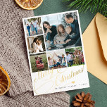 6 photo collage Merry Christmas script family Holiday Card<br><div class="desc">Elegant stylish Merry Christmas faux gold classic calligraphy script six family photos simple white holiday card with your custom personalised text on both sides. PLEASE NOTE that the background colour is editable. You can change it after selecting CUSTOMIZE option down below the PERSONALIZE IT menu. If you don't feel at...</div>