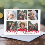 6 Photo Collage Merry Christmas Script Red Stars Holiday Card<br><div class="desc">Use six square photos and make a unique and trendy Merry Christmas greeting with a simple pattern on the back. If you need to move anything around,  click on the customize button to make changes.</div>