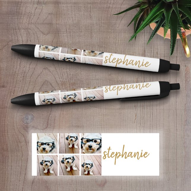 6 Photo Collage Minimalist - Add Your Name Year Black Ink Pen (Custom Pen - Personalize this writing pen with photos, your name, monogram or other text)