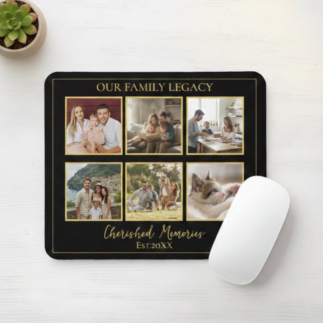 6 Photo Collage Minimalist Black Gold Mouse Pad (Creator Uploaded)