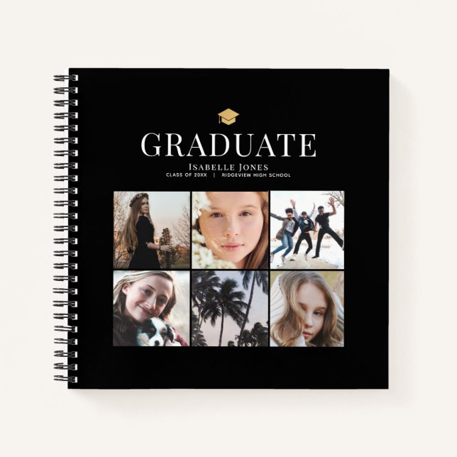 6 Photo Collage Minimalist Black Graduation Notebook (Front)