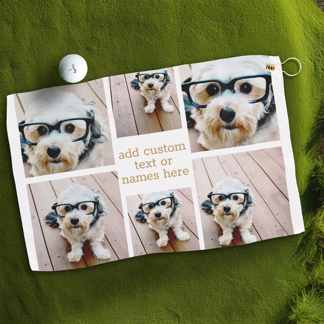 6 Photo Collage Minimalist - Gold and White Grid Golf Towel (Personalized Golf Towel with Photos and Text)