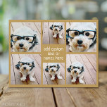 6 Photo Collage Minimalist - Gold and White Grid Postcard<br><div class="desc">Use your favourite photo or pictures to make a fun keepsake to share with friends. A collage of 6 photos in a fun grid with different sizes. A simple design with snapshots and a text block. Crop photos into squares before uploading. To adjust photos or change colours, click on the...</div>