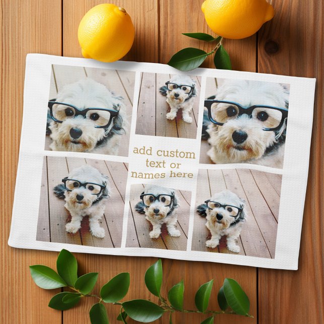 6 Photo Collage Minimalist - Gold and White Tea Towel (Personalized kitchen towel with photo collage)