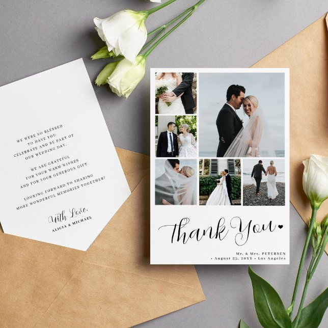 6 photo collage modern minimalist script wedding thank you card (Creator Uploaded)