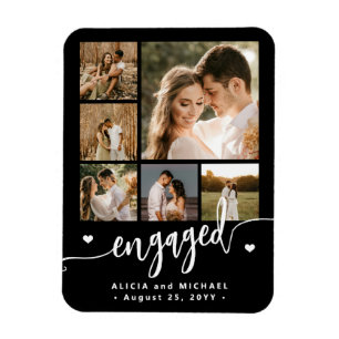 6 photo collage modern script engaged couple white magnet