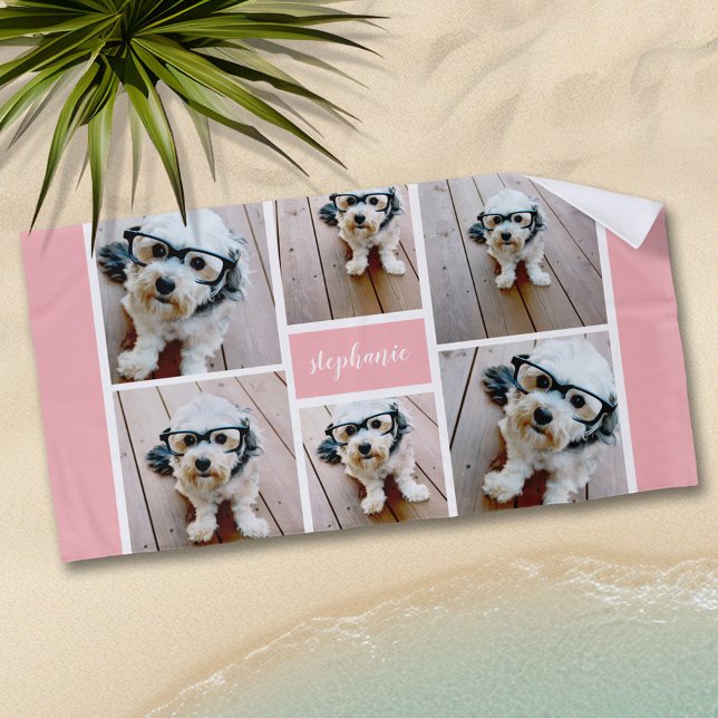 6 Photo Collage Name Minimalist - Can Edit colour Beach Towel (Personalized beach towel with photos and text)