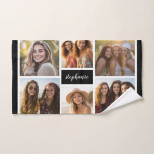 6 Photo Collage Name Minimalist - Can Edit colour Hand Towel