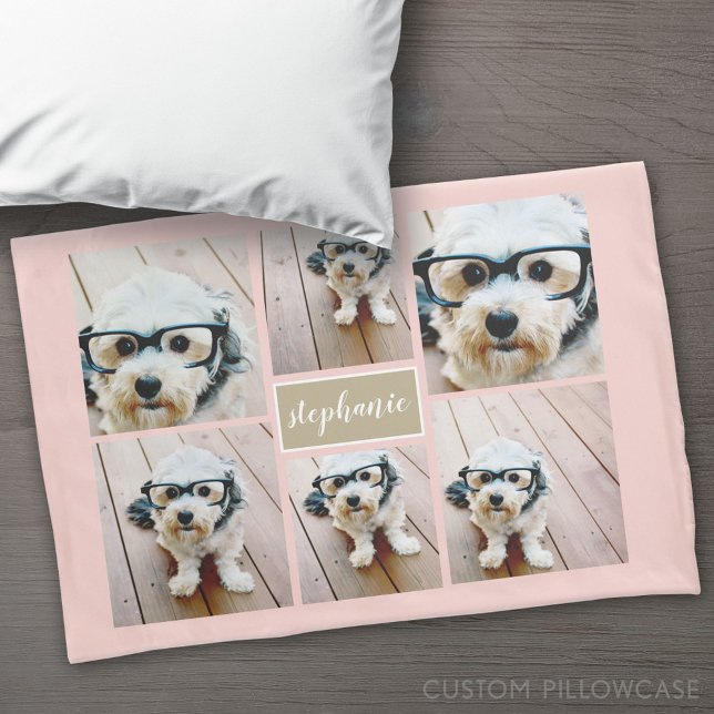 6 Photo Collage Name Minimalist - Can Edit colour Pillowcase (Custom Pillowcase)
