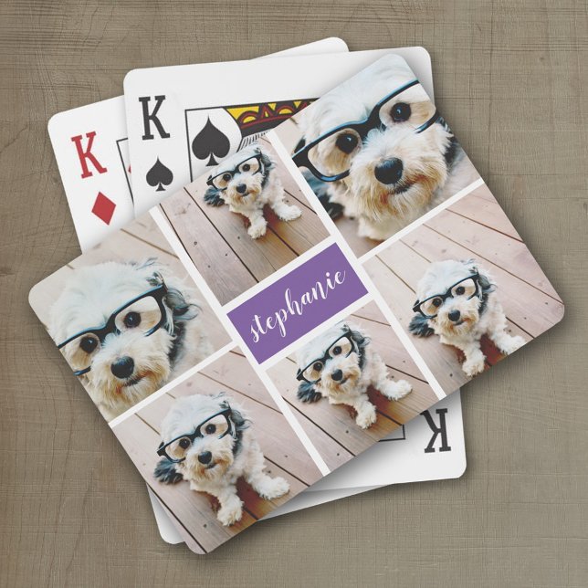 6 Photo Collage Name Minimalist - Can Edit colour Playing Cards (Personalized playing cards with photos and custom text)