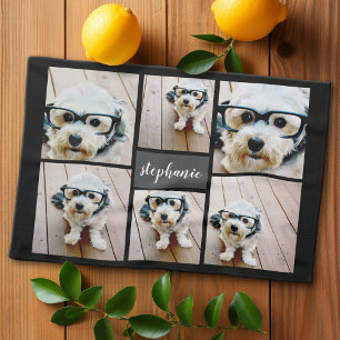 6 Photo Collage Name Minimalist - Can Edit colour Tea Towel