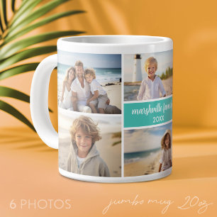 6 Photo Collage Name Minimalist - Script Text Large Coffee Mug