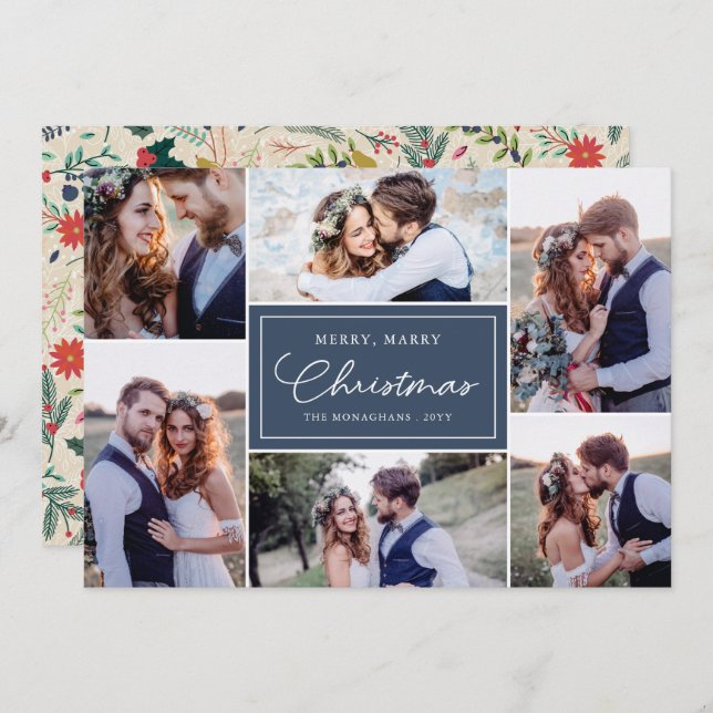 6 Photo Collage Newlyweds Merry Marry Blue Holiday Card (Front/Back)
