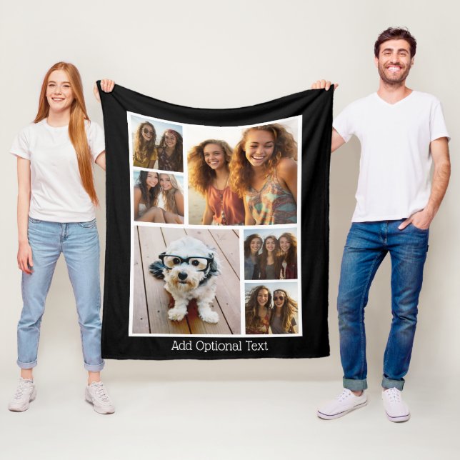 6 Photo Collage Optional Text -- black background Fleece Blanket (In Situ)