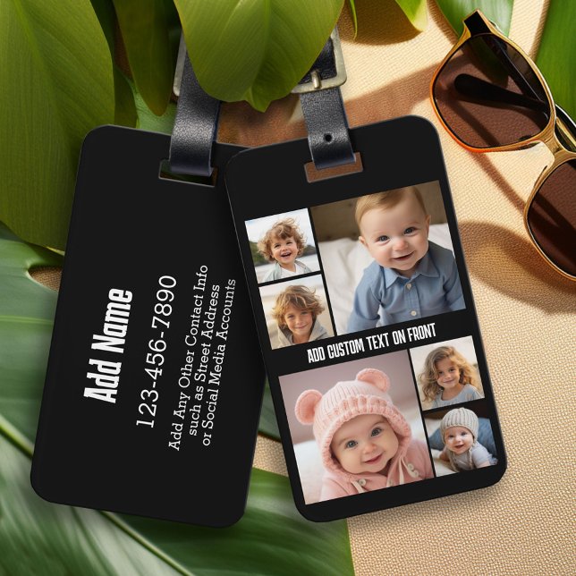 6 Photo Collage Optional Text -- Black Luggage Tag (Personalized Luggage and Bag Tag)