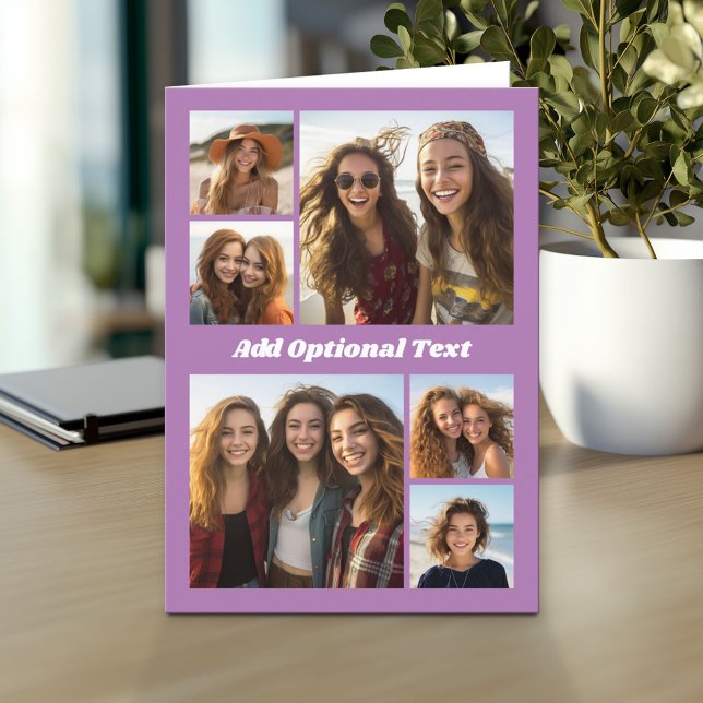 6 Photo Collage Optional Text -- CAN Edit purple Card (Custom Personalized Greeting Card)