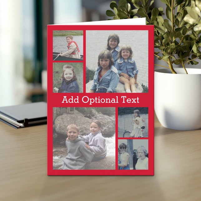 6 Photo Collage Optional Text -- CAN Edit red Card (Custom Personalized Greeting Card)