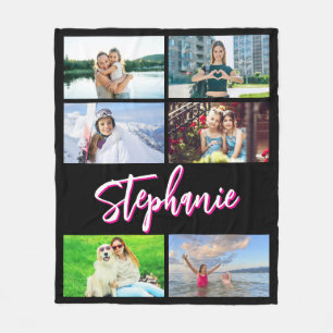 6 Photo Collage Personalised Hot Pink Black Medium Fleece Blanket