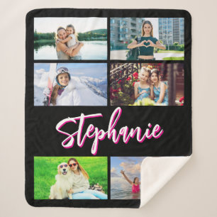 6 Photo Collage Personalised Hot Pink Black Medium Sherpa Blanket
